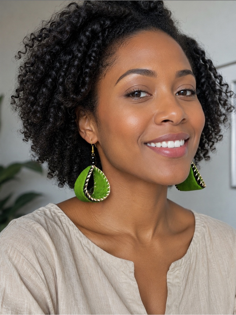 Beautiful Handmade Green Teardrop Leather Earrings